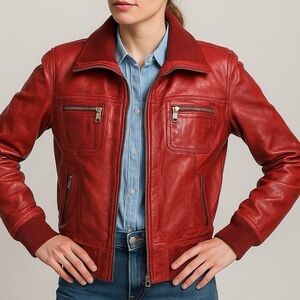 Transmission Aviator Bomber Jacket Vintage Distressed Leather Moto Lined Red M/L